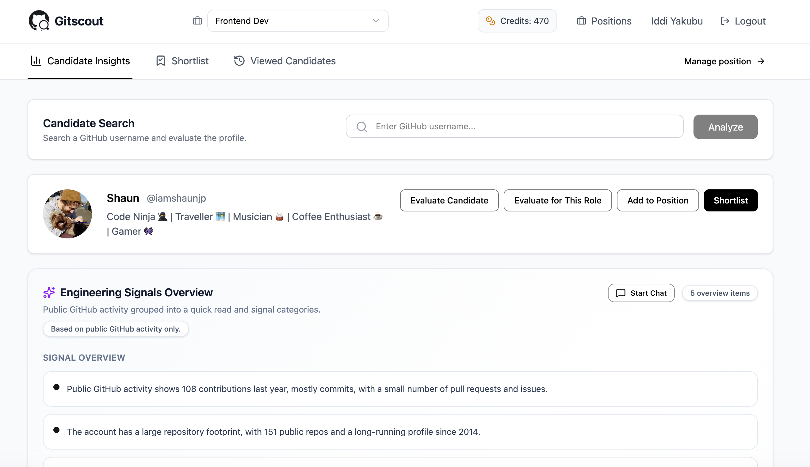 Gitscout candidate dashboard with engineering signals overview